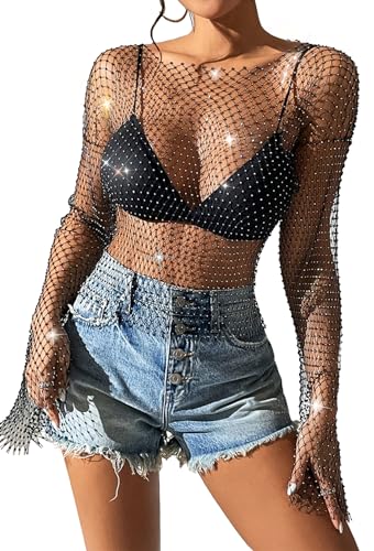 Maeau Netzoberteil Damen Pailletten Netzhemd Sparkle Strasssteine Netzshirt Kristall Mesh Glänzende Club Wear Ärmellose Langarm Netzweste Durchsichtiges Sheer Netz Top S von Maeau