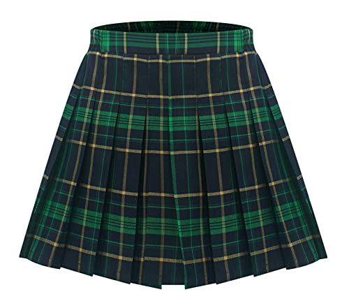 Maeau Plissee Rock Kurz Mädchen Schulmädchen Rock Kariert Faltenrock Tennis Schule Röcke Elastische Hohe Taille Kinder Kilt Tartan Minirock Skater mit Shorts Sommer Frühling Herbst Grün 12-13 Jahre von Maeau