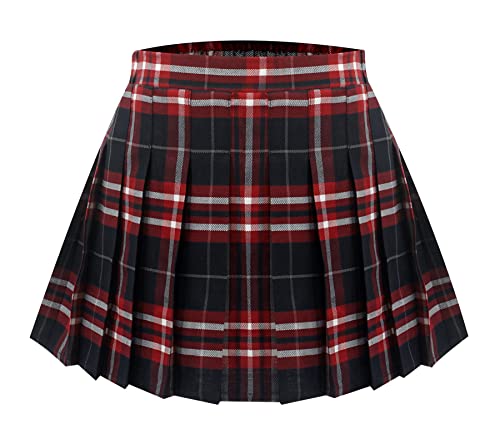 Maeau Plissee Rock Kurz Mädchen Schulmädchen Rock Kariert Faltenrock Tennis Schule Röcke Elastische Hohe Taille Kinder Kilt Tartan Minirock Skater mit Shorts Sommer Frühling Herbst Rot 10-11 Jahre von Maeau