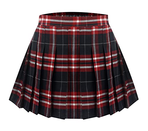 Maeau Plissee Rock Kurz Mädchen Schulmädchen Rock Kariert Faltenrock Tennis Schule Röcke Elastische Hohe Taille Kinder Kilt Tartan Minirock Skater mit Shorts Sommer Frühling Herbst Rot 12-13 Jahre von Maeau