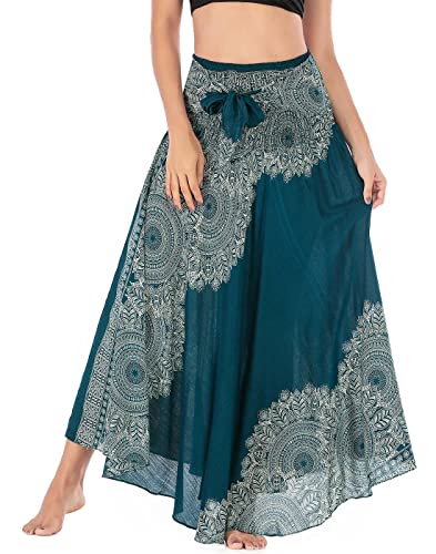 Maeau Rock Boho Lang Damen Sommerrock Maxi Rock Hohe Elastische Taille Strand Hippie Rock Gedruckt Blumen Bohemian Strandrock Strandkleid Urlaub Rock Blumenmuster Floral A Linie Grün Gypsy Sommerkleid von Maeau