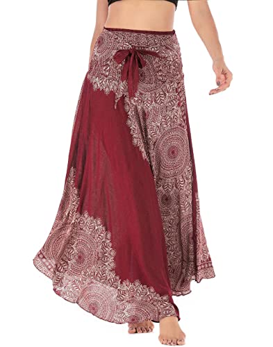 Maeau Rock Boho Lang Damen Sommerrock Maxi Rock Hohe Elastische Taille Strand Hippie Rock Gedruckt Blumen Bohemian Strandrock Strandkleid Urlaub Rock Blumenmuster Floral A Linie Rot Sommerkleid Gypsy von Maeau