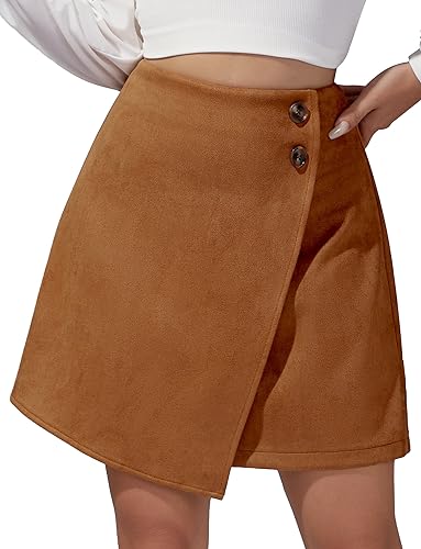 Maeau Rock Damen Schlitz Wildlederrock High Waist Herbst Minirock Damen Veloursleder Hüftrock Kurz Wildleder Bleistiftrock Metallknopf Braun Short Skirt Fauxsuede Elegant Partyrock S von Maeau