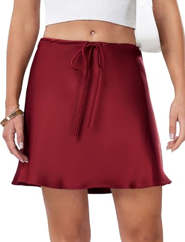 Maeau Satinrock Damen Minirock Hohe Taille Glockenrock A Linie Freizeitrock Einfarbig Business Rock Casual Satin Halbrock y2k Elegant Röcke mit Kordelzug M von Maeau