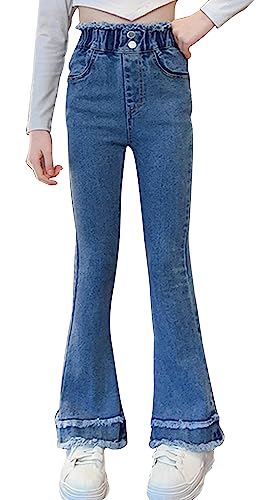 Maeau Schlaghose Mädchen 70er Retro Schlaghose Jeans Stretch Skinny Jeanshosen Y2K Casual Ausgestellte Hose Bodenlanges Flared Pants Geschlitztes Denim Jeanshose Graun Glockenhose 130 von Maeau