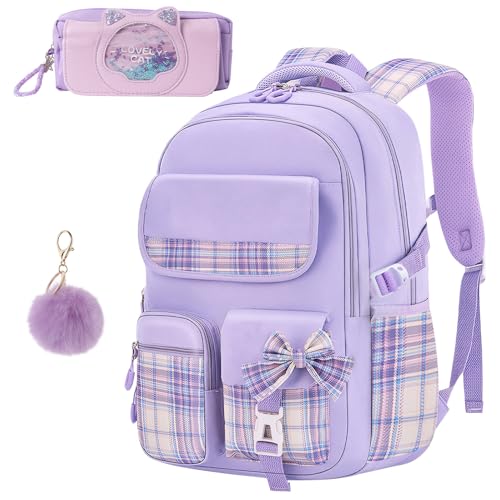 Maeau Schulrucksack Kinder Mädchen Teenager Kinderrucksack Schultasche Grundschule Rucksack Wasserdicht Schule Kawaii Wasserabweisend mit Anhänger Stifttasche Schulranzen Schulkinder Jugendliche Lila von Maeau