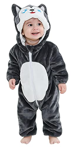 Maeau Strampler mit Kapuze Baby Mädchen Winter Spielanzug für Baby Jungen Jumpsuit Flanell Tier Overall Kleinkind Romper Pyjama Warm Schlafstrampler Schlafanzug Onesies Dunkelgrau 6 12 Monate 80 von Maeau