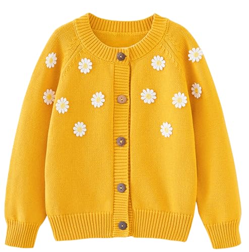 Maeau Strickjacke Kinder Mädchen Baumwoll Strickjacke Langarm Rundhals Blume Cardigan Gestrickte Jacke Lange Ärmel Blumenmuster Bolero mit Knöpfen Schule Strickpullover Kurz Gelb 5 6 Jahre 120 von Maeau
