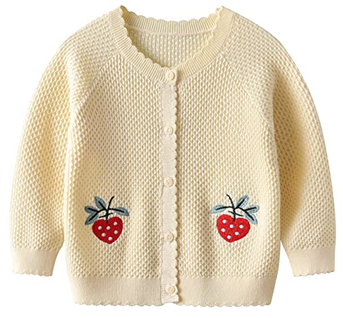 Maeau Strickjacke Kinder Mädchen Baumwoll Strickjacke Langarm Rundhals Erdbeere Cardigan Basic Gestrickte Jacke Lange Ärmel Kurz Bolero Jäckchen Stickerei mit Knöpfen Schule Beige 10 12 Jahre 140 von Maeau