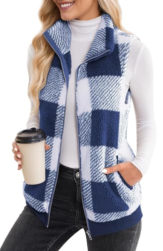 Maeau Teddy Weste Damen Winter Fleeceweste Doppelseitiger Plüsch Weste Kariert Kuschel Weste Warm Übergangsweste Reißverschluss Jacke Weste Ärmellos Plüschjacke Fleecejacke 3XL von Maeau
