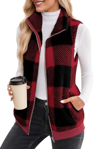 Maeau Teddy Weste Damen Winter Fleeceweste Doppelseitiger Plüsch Weste Kariert Kuschel Weste Warm Übergangsweste Reißverschluss Jacke Weste Ärmellos Plüschjacke Fleecejacke 3XL von Maeau