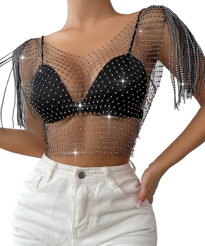 Maeau Tops Damen Netz Crop Top Sexy Glänzende Club Wear Fischnetz Strasssteine Tanktop Ärmellose Langarm Netzoberteil Transparent Sparkle Netzweste Sheer Kristall Netzshirt XS von Maeau