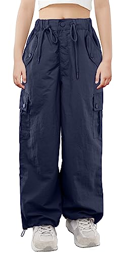 Maeau Track Pants Mädchen Lässig y2k Hose Schnell Trocknend Cargo Hose Elastischer Taille Trainingshose Weites Bein Fallschirmhosen Kordelzug Baggy Hose Mädchen mit Taschen 140/146 von Maeau