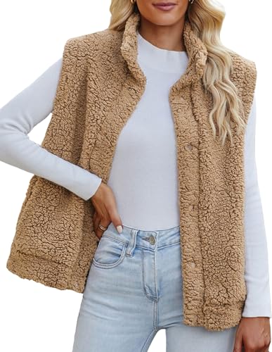 Maeau Winterweste Damen Teddy Kuschelweste Revers Ärmellose Fleecejacke Taschen Lässig Thermoweste Schafwolle Plüsch Weste Flauschig Grün Fleeceweste Einfarbig Jacke Weste XL von Maeau