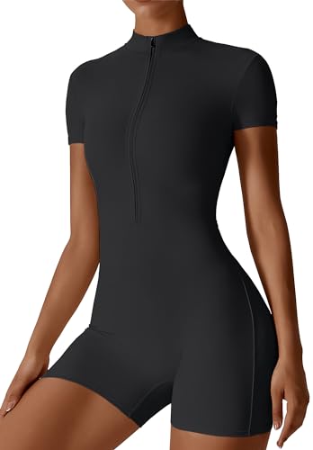 Maeau - Yoga-Jumpsuits für Damen, Shorts, Sport-Strampler, Reißverschluss, Workout-Einteiler, schlanker Spielanzug, Fitnessstudio, Activewear, Bodycon-Body S-XL, Schwarz 01, 42 von Maeau