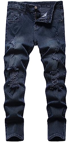 Maeau Zerrissene Jeans Jungen 12 13 Jahre Denim Hose Gerades Bein Jeanshose Kinder Jungen Ripped Jeans Distressed Skinny Slim Fit Cargo Jeans Destroyed Stretch Jeans Straight Regular Fit Baumwoll Blau von Maeau