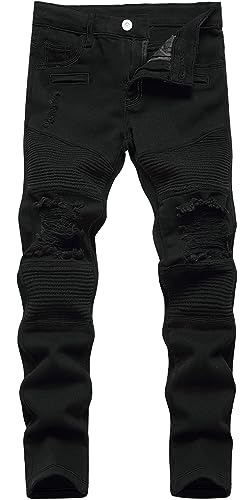 Maeau Zerrissene Jeans Jungen 12 13 Jahre Denim Hose Gerades Bein Jeanshose Kinder Jungen Ripped Jeans Distressed Skinny Slim Fit Jeans Destroyed Stretch Jeans Straight Regular Fit Baumwoll Schwarz von Maeau