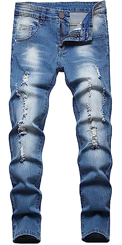 Maeau Zerrissene Jeans Jungen 8 9 Jahre Denim Hose Gerades Bein Jeanshose Kinder Jungen Ripped Jeans Distressed Skinny Slim Fit Cargo Jeans Destroyed Stretch Jeans Straight Regular Fit Baumwoll Blau von Maeau