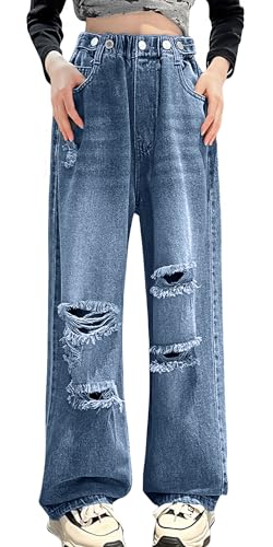Maeau Zerrissene Jeans Loch Kinder Mädchen 10 11 Jahre Jeans mit Gerades Weitem Bein Jeanshose Baggy Teenager Denim Hose Loose Fit Elastischer Bund Jean Hosen Löcher Wide Leg Vintage Lässig Dunkelblau von Maeau