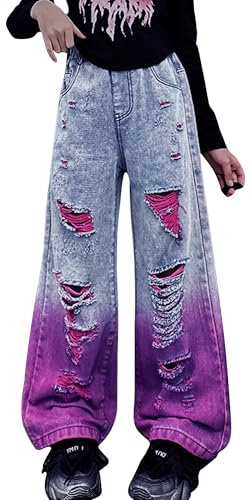 Maeau Zerrissene Jeans Loch Kinder Mädchen 12 13 Jahre Jeans mit Gerades Weitem Bein Jeanshose Baggy Teenager Denim Hose Loose Fit Elastischer Bund Jean Hosen Löcher Wide Leg Vintage Lässig Blau 160 von Maeau