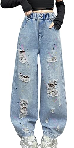 Maeau Zerrissene Jeans Loch Kinder Mädchen 13 14 Jahre Jeans mit Gerades Weitem Bein Jeanshose Baggy Teenager Denim Hose Loose Fit Elastischer Bund Jean Hosen Löcher Wide Leg Vintage Lässig Hellblau von Maeau