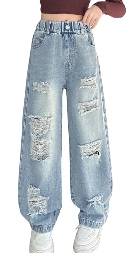 Maeau Zerrissene Jeans Loch Kinder Mädchen 13 14 Jahre Jeans mit Gerades Weitem Bein Jeanshose Baggy Teenager Denim Hose Loose Fit Elastischer Bund Jean Hosen Löcher Wide Leg Vintage Lässig Blau 170 von Maeau