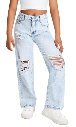 Maeau Zerrissene Jeans Loch Kinder Mädchen 9 10 Jahre Jeans mit Gerades Weitem Bein Jeanshose Baggy Teenager Denim Hose Loose Fit Elastischer Bund Jean Hosen Löcher Wide Leg Vintage Lässig Hellblau von Maeau