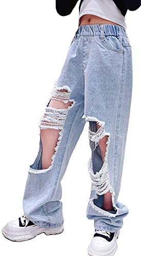 Maeau Zerrissene Jeans Mädchen 10-11 Jahre Mit Weitem Bein, Baggy Denim Hose Teenager, Gerades Bein Loose Fit, Elastischer Bund, Blau von Maeau