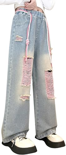 Maeau Zerrissene Jeans Mädchen 10 11 Jahre Jeans mit Weitem Bein Jeanshose Kinder Mädchen Baggy Jeans Teenager Mädchen Denim Hose Gerades Bein Loose Fit Jeans Elastischer Bund Jean Hosen Hellblau 150 von Maeau