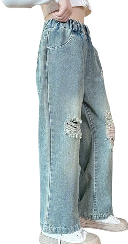 Maeau Zerrissene Jeans Mädchen 10-11 Jahre Mit Weitem Bein, Baggy Denim Hose Teenager, Gerades Bein Loose Fit, Elastischer Bund, Hellblau von Maeau