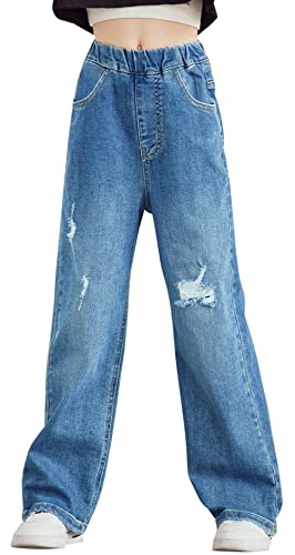 Maeau Zerrissene Jeans Mädchen 11-12 Jahre Mit Weitem Bein, Baggy Denim Hose Teenager, Gerades Bein Loose Fit, Elastischer Bund, Blau von Maeau