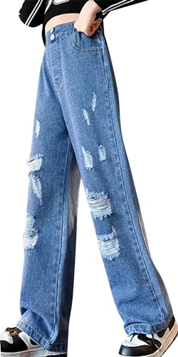 Maeau Zerrissene Jeans Mädchen 11 12 Jahre Jeans mit Weitem Bein Jeanshose Kinder Mädchen Baggy Jeans Teenager Mädchen Denim Hose Gerades Bein Loose Fit Jeans Elastischer Bund Jean Hosen Blau von Maeau