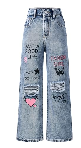 Maeau Zerrissene Jeans Mädchen 13 14 Jahre Jeans mit Weitem Bein Jeanshose Kinder Mädchen Baggy Bedruckte Jeans Teenager Denim Hose Gerades Bein Loose Fit Jeans Elastischer Bund Jean Hosen Blau 160 von Maeau