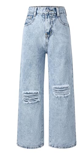 Maeau Zerrissene Jeans Mädchen 13 14 Jahre Jeans mit Weitem Bein Jeanshose Kinder Mädchen Baggy Jeans Teenager Mädchen Denim Hose Gerades Bein Loose Fit Jeans Elastischer Bund Jean Hosen Blau 160 von Maeau