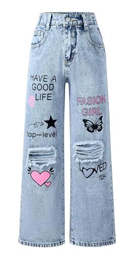 Maeau Zerrissene Jeans Mädchen 7 8 Jahre Jeans mit Weitem Bein Jeanshose Kinder Mädchen Baggy Bedruckte Jeans Teenager Denim Hose Gerades Bein Loose Fit Jeans Elastischer Bund Jean Hosen Hellblau 130 von Maeau