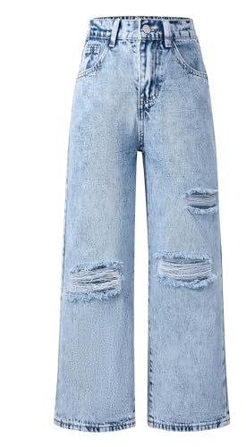 Maeau Zerrissene Jeans Mädchen 7 8 Jahre Jeans mit Weitem Bein Jeanshose Kinder Mädchen Baggy Jeans Teenager Mädchen Denim Hose Gerades Bein Loose Fit Jeans Elastischer Bund Jean Hosen Hellblau 130 von Maeau