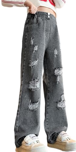 Maeau Zerrissene Jeans Mädchen 8 9 Jahre Jeans mit Weitem Bein Jeanshose Kinder Mädchen Baggy Jeans Teenager Mädchen Denim Hose Gerades Bein Loose Fit Jeans Elastischer Bund Jean Hosen Schwarz von Maeau