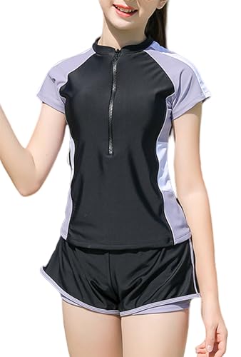 Maeau Zweiteiler Badeanzug Kurzarm Mädchen 14 15 16 Jahre UV Schutz Badebekleidung Kinder Schwimmanzug Badeanzug mit Reißverschluss Vorne Badeshorts Shorts Bademode Training Sport Rash Guard Schwarz von Maeau