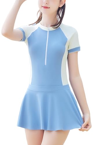 Maeau Zweiteiler Badeanzug Mädchen 11 12 13 Jahre UV Schutz Badebekleidung Kinder Schwimmanzug Einteiliger Badeanzug Kurzarm mit Reißverschluss Vorne Rock Badeshorts Bein Bademode Training Blau von Maeau