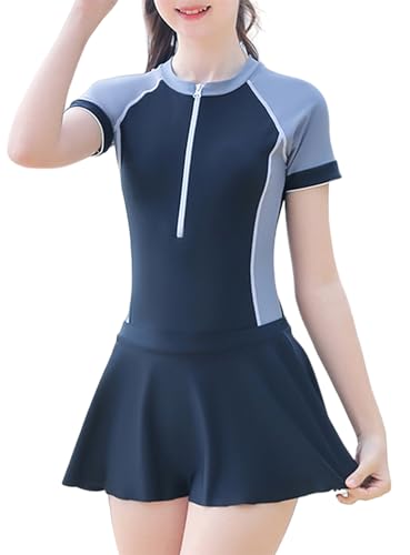 Maeau Zweiteiler Badeanzug Mädchen 11 12 13 Jahre UV Schutz Badebekleidung Kinder Schwimmanzug Einteiliger Badeanzug Kurzarm mit Reißverschluss Vorne Rock Badeshorts Bein Bademode Training Schwarz von Maeau