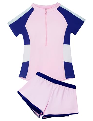 Maeau Zweiteiler Badeanzug Mädchen 14 15 16 Jahre UV Schutz Badebekleidung Kinder Schwimmanzug Badeanzug Kurzarm mit Reißverschluss Vorne Badeshorts Shorts Bademode Training Schwimmen Rashguard Rosa von Maeau