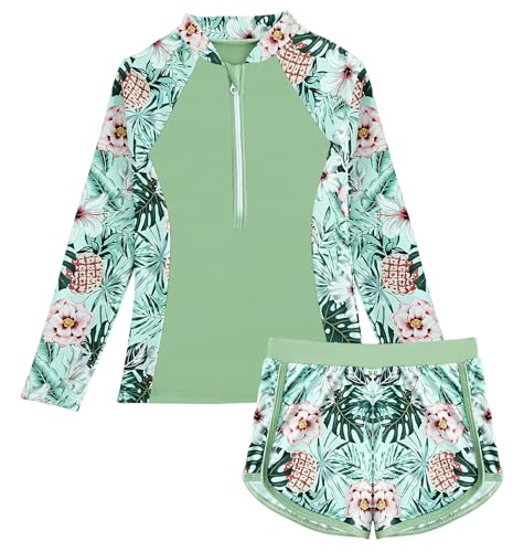 Maeau Zweiteiler Badeanzug Mädchen Blumen Floral UV Schutz Badebekleidung Kinder Schwimmanzug Schwimmshirt Badeanzug Langärm mit Badeshorts Shorts 7 8 Jahre Bademode Schwimmen Rash Guard Hawaii Grün von Maeau