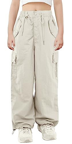 Maeau y2k Hose Mädchen Casual Cargo Hose Elastischer Taille Parachute Pants Schnell Trocknend Baggy Hose Hohe Taille Sporthose Weites Bein Trainingshose Kinder mit Taschen 128/134 von Maeau