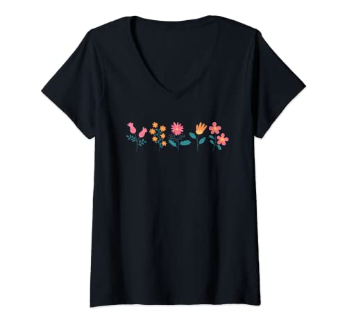 Damen Vintage Botanische Wildblumen Deko Muttertag Schönes Blumen T-Shirt mit V-Ausschnitt von Mädchen Blumen Geschenk Für Mama, Damen & Frauen