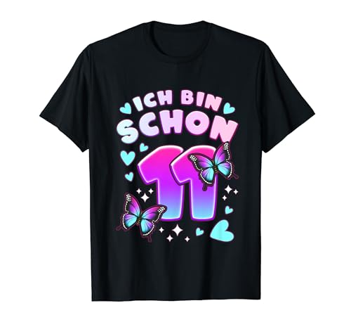 Geburtstag Mädchen 11 Jahre, Schmetterlinge und Nummer 11 T-Shirt von Mädchen Geburtstag by Content Design Studio