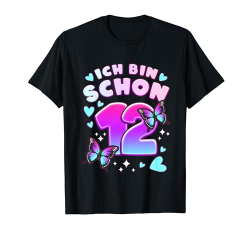 Geburtstag Mädchen 12 Jahre, Schmetterlinge und Nummer 12 T-Shirt von Mädchen Geburtstag by Content Design Studio