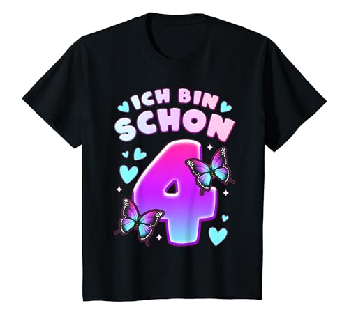 Kinder Geburtstag Mädchen 4 Jahre, Schmetterlinge und Nummer 4 T-Shirt von Mädchen Geburtstag by Content Design Studio