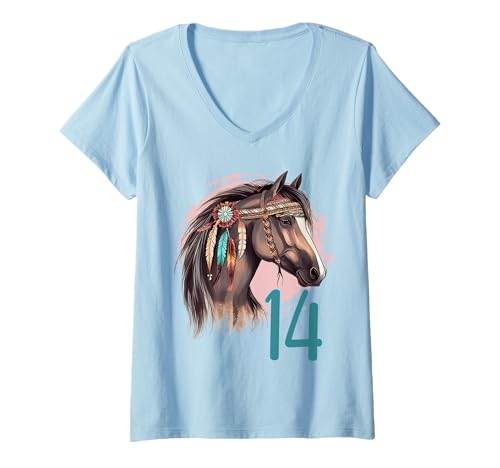 Damen 14 Geburtstag Pferd Reiten Pferdemächen 14 Jahre Mädchen T-Shirt mit V-Ausschnitt von Mädchen Geburtstage Pferd Stall Reiten by mintas