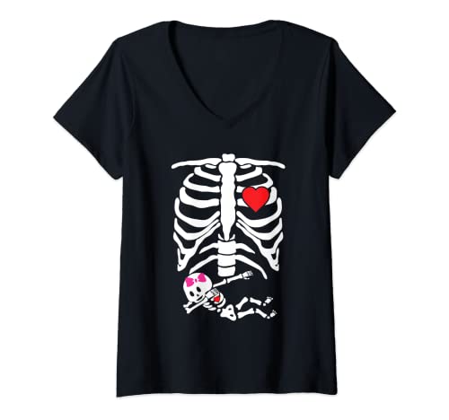 Damen Schwanger Halloween Schwangerschaftsanzeige Baby Skelett T-Shirt mit V-Ausschnitt von Mädchen Schwanger Skelett Halloween