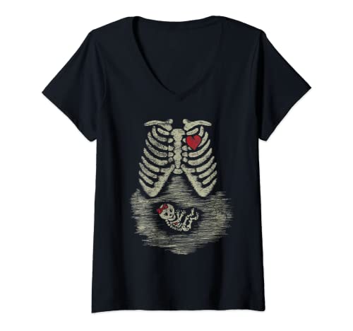 Damen Schwanger Halloween Schwangerschaftsanzeige Baby Skelett T-Shirt mit V-Ausschnitt von Mädchen Schwanger Skelett Halloween